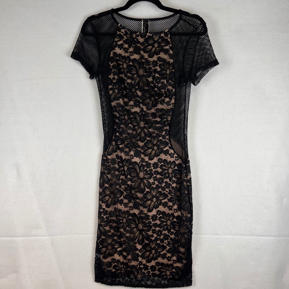 Kimcine Curve Womens Lace Sheer Mesh Back Bodycon Sheath Dress Size L Black Nude